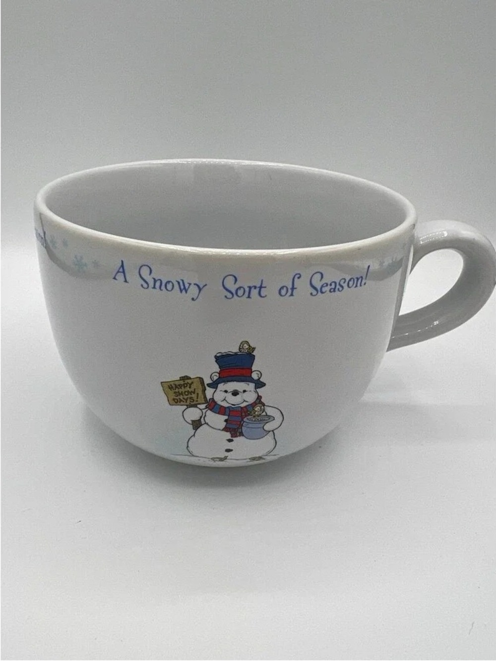White Snowman Ceramic Mug with Blue Holiday Script